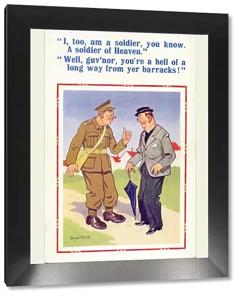 Comic postcard, Vicar and soldier, WW2 - soldier of heaven Date: circa 1940s
