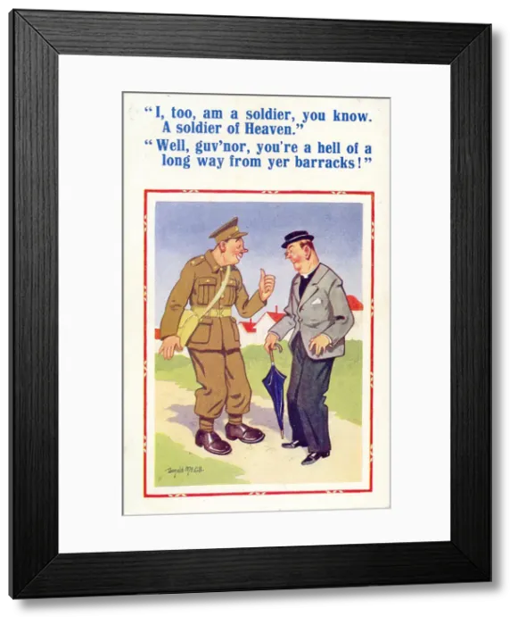 Framed Print : Comic postcard, Vicar and soldier, WW2 - soldier of heaven Date: circa 1940s Framed Print : Comic postcard, Vicar and soldier, WW2 - soldier of heaven Date: circa 1940s