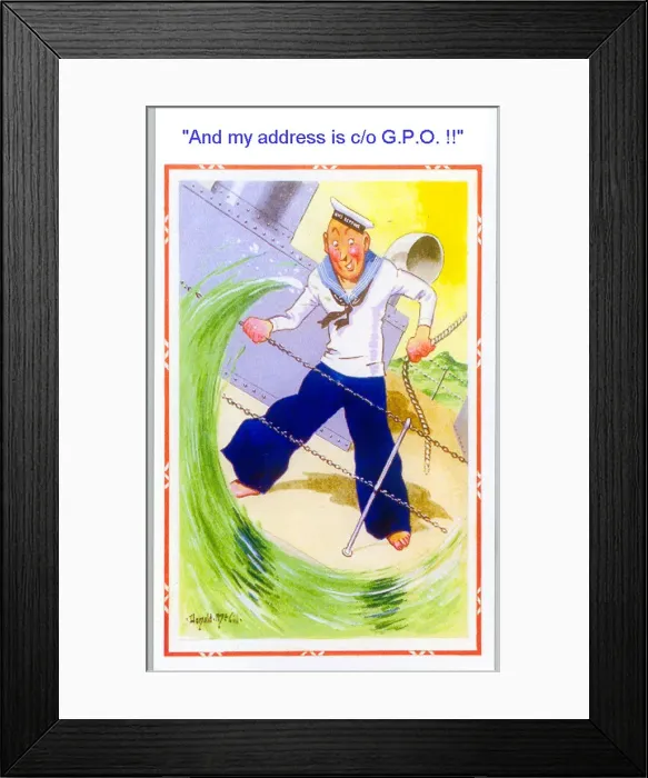 Framed Print : Comic postcard, Sailor in the British Royal Navy, WW2 - standing on deck on a rough day