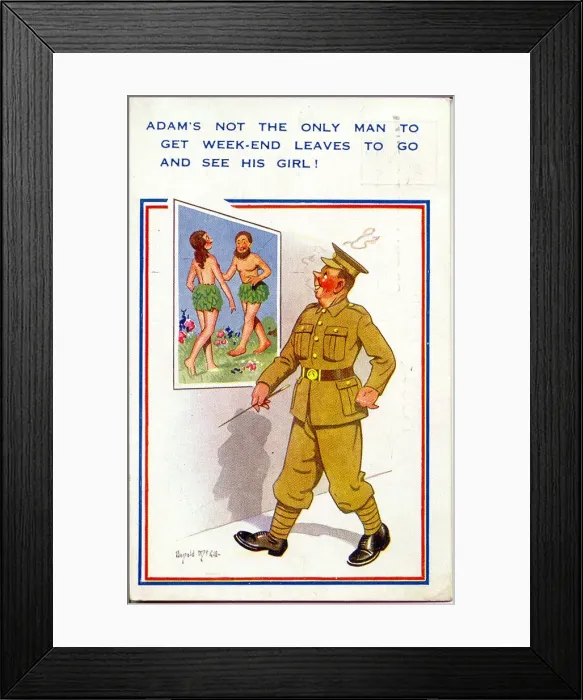 Framed Print : Comic postcard, Soldier happy to be going on leave, WW2 Date: circa 1940s Framed Print : Comic postcard, Soldier happy to be going on leave, WW2 Date: circa 1940s
