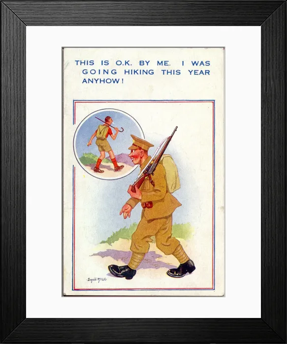 Framed Print : Comic postcard, Soldier going on the march, WW2 Date: circa 1940s Framed Print : Comic postcard, Soldier going on the march, WW2 Date: circa 1940s