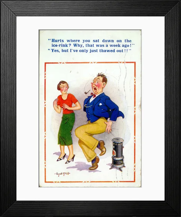 Framed Print : Comic postcard, Just thawed out Date: 20th century Framed Print : Comic postcard, Just thawed out Date: 20th century