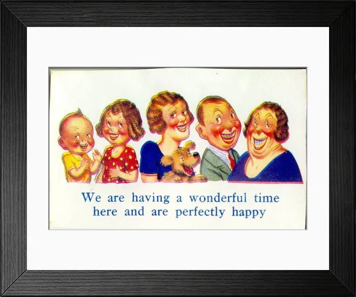 Framed Print : Comic postcard, Five people and a dog enjoying their holiday Date: 20th century Framed Print : Comic postcard, Five people and a dog enjoying their holiday Date: 20th century