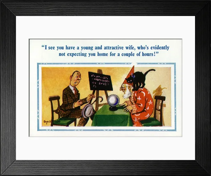 Framed Print : Comic postcard, Man visits fortune teller Date: 20th century Framed Print : Comic postcard, Man visits fortune teller Date: 20th century