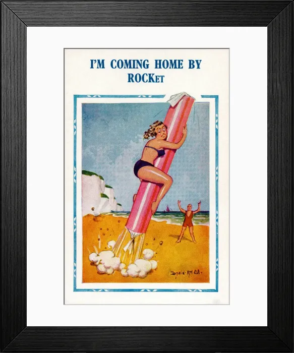 Framed Print : Comic postcard, Woman on beach riding stick of rock Date: 20th century Framed Print : Comic postcard, Woman on beach riding stick of rock Date: 20th century