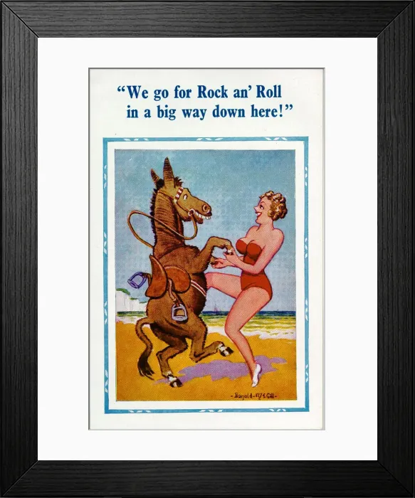 Framed Print : Comic postcard, Woman dancing with donkey on beach Date: 20th century Framed Print : Comic postcard, Woman dancing with donkey on beach Date: 20th century