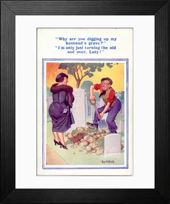 Framed Print : Comic postcard, Middle-aged woman and gravedigger Date: 20th century Framed Print : Comic postcard, Middle-aged woman and gravedigger Date: 20th century