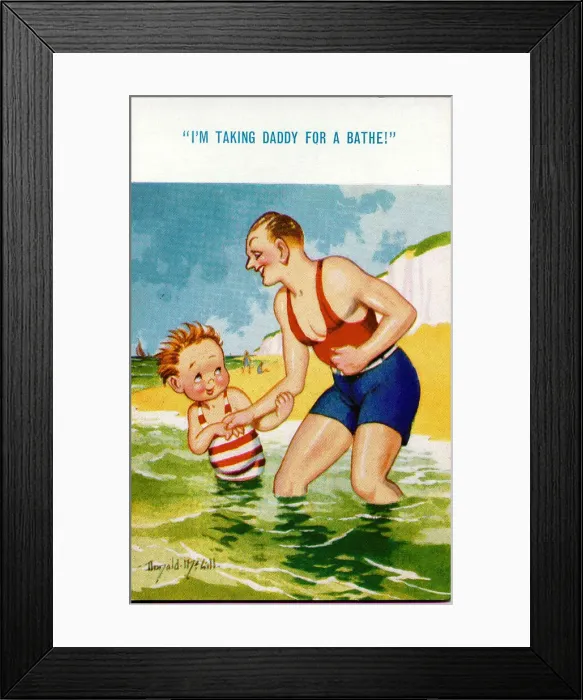 Framed Print : Comic postcard, Father and son in the sea Date: 20th century Framed Print : Comic postcard, Father and son in the sea Date: 20th century