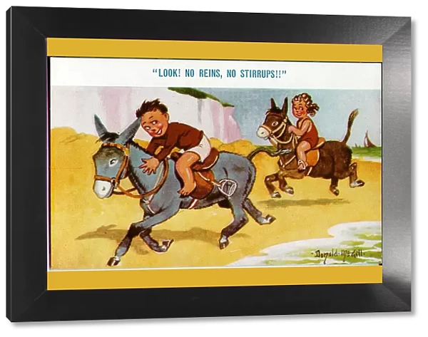 Comic postcard, Boy and girl riding donkeys on beach Date: 20th century