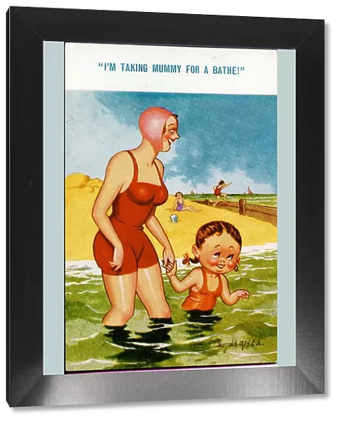 Comic postcard, Mother and daughter in the sea Date: 20th century