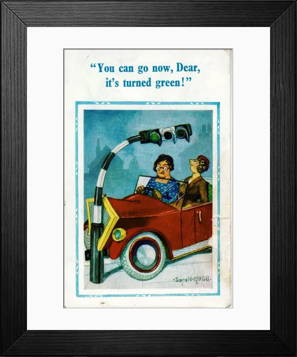 Framed Print : Comic postcard, Two women in a crashed car Date: 20th century Framed Print : Comic postcard, Two women in a crashed car Date: 20th century