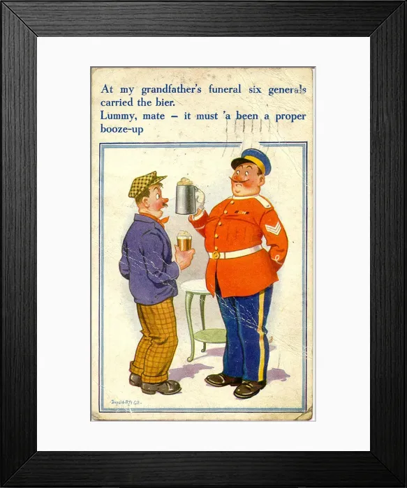 Framed Print : Comic postcard, Two men chatting at a funeral Date: 20th century Framed Print : Comic postcard, Two men chatting at a funeral Date: 20th century