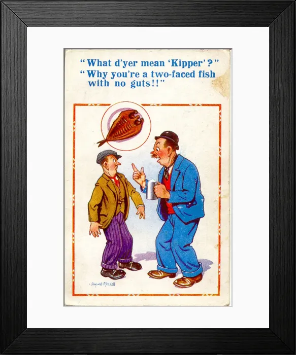 Framed Print : Comic postcard, Two men chatting in a pub Date: 20th century Framed Print : Comic postcard, Two men chatting in a pub Date: 20th century