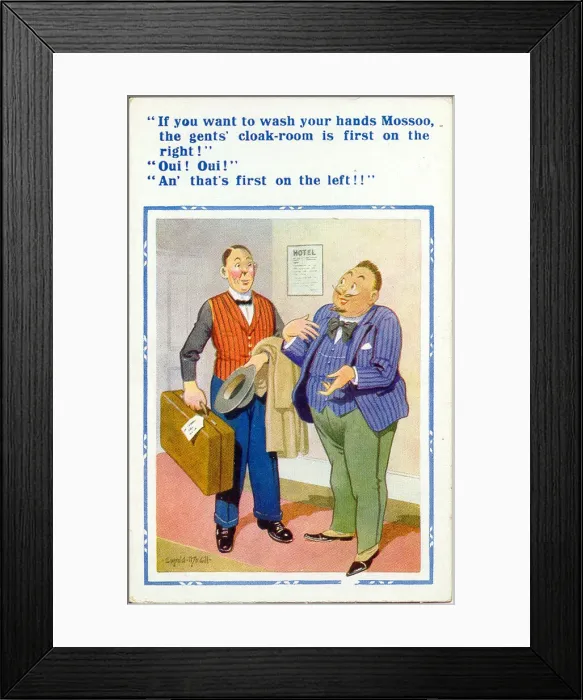 Framed Print : Comic postcard, French guest and hotel porter Date: 20th century Framed Print : Comic postcard, French guest and hotel porter Date: 20th century