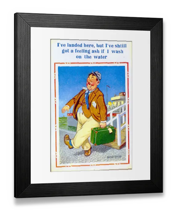 Framed Print : Comic postcard, Man stepping off a boat at the seaside Date: 20th century Framed Print : Comic postcard, Man stepping off a boat at the seaside Date: 20th century