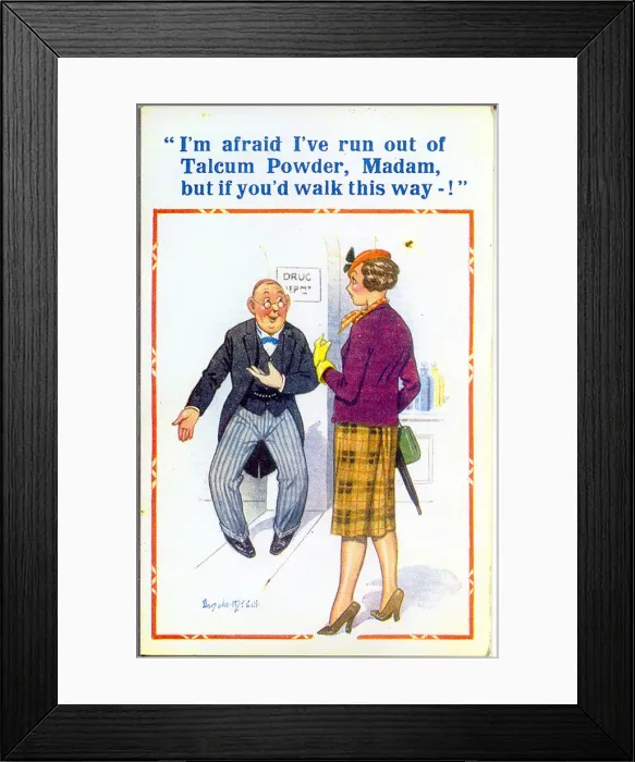 Framed Print : Comic postcard, Customer in department store - walk this way Date: 20th century Framed Print : Comic postcard, Customer in department store - walk this way Date: 20th century