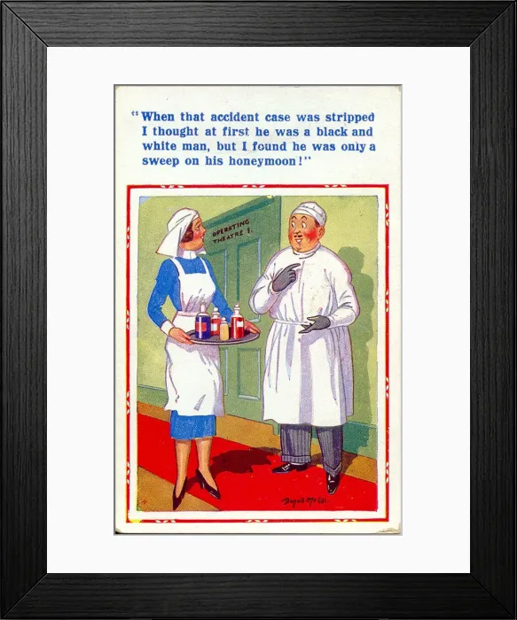 Framed Print : Comic postcard, Doctor and nurse, operating theatre Date: 20th century Framed Print : Comic postcard, Doctor and nurse, operating theatre Date: 20th century