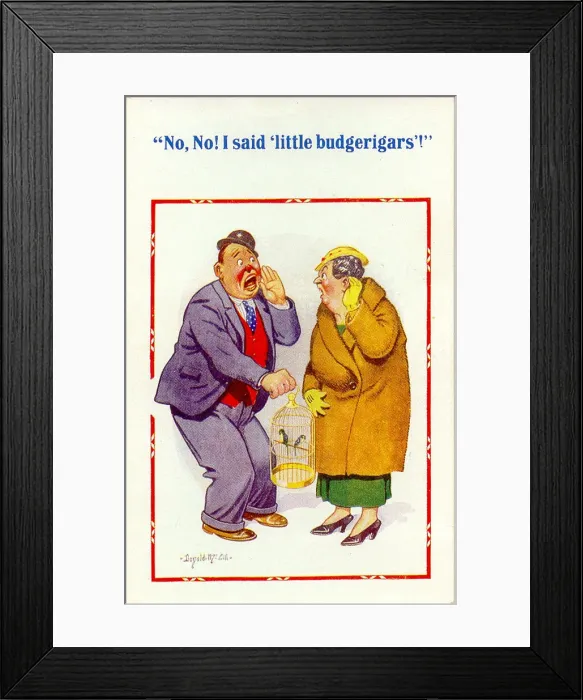Framed Print : Comic postcard, Man and woman with caged birds Date: 20th century Framed Print : Comic postcard, Man and woman with caged birds Date: 20th century