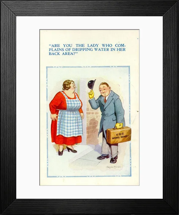 Framed Print : Comic postcard, Woman and council official Date: 20th century Framed Print : Comic postcard, Woman and council official Date: 20th century
