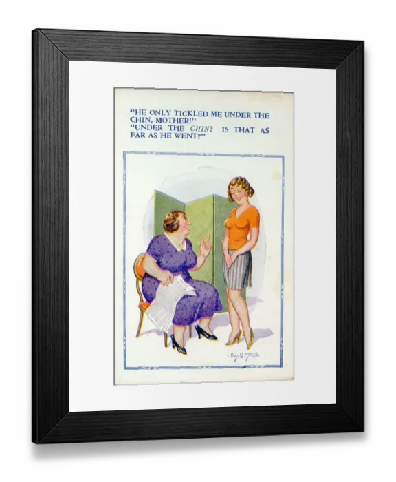 Framed Print : Comic postcard, Daughter describes her date to her mother Date: 20th century Framed Print : Comic postcard, Daughter describes her date to her mother Date: 20th century