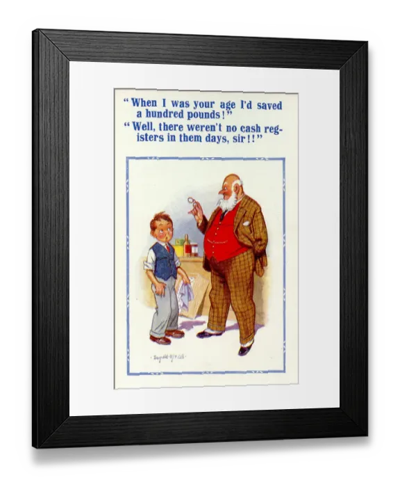 Framed Print : Comic postcard, Little boy and old man - saving money Date: 20th century Framed Print : Comic postcard, Little boy and old man - saving money Date: 20th century