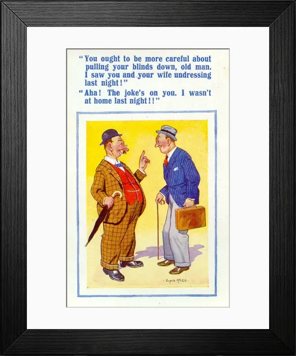 Framed Print : Comic postcard, Two neighbours chatting Date: 20th century Framed Print : Comic postcard, Two neighbours chatting Date: 20th century