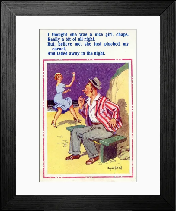 Framed Print : Comic postcard, Couple on the beach at night - theft of ice cream cornet Date Framed Print : Comic postcard, Couple on the beach at night - theft of ice cream cornet Date