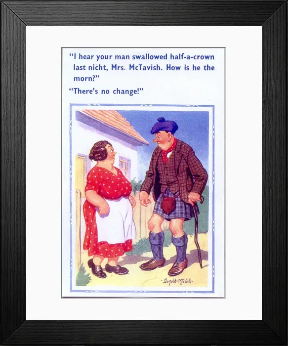 Framed Print : Comic postcard, Scotsman chats with neighbour Date: 20th century Framed Print : Comic postcard, Scotsman chats with neighbour Date: 20th century