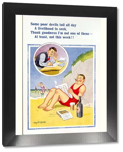 Comic postcard, Man relaxing on the beach, happy to be having a week away from the office