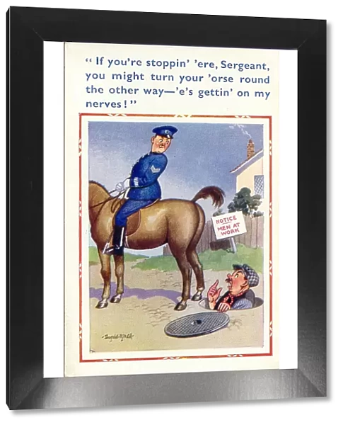 Comic postcard, Workman nervous about horse Date: 20th century
