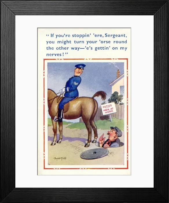 Framed Print : Comic postcard, Workman nervous about horse Date: 20th century Framed Print : Comic postcard, Workman nervous about horse Date: 20th century