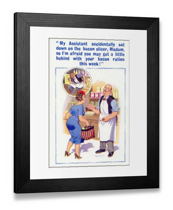 Framed Print : Comic postcard, accident with bacon slicer Date: 20th century Framed Print : Comic postcard, accident with bacon slicer Date: 20th century