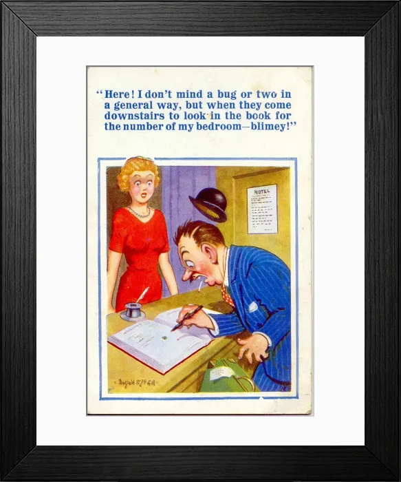 Framed Print : Comic postcard, Hotel guests complaint Date: 20th century Framed Print : Comic postcard, Hotel guests complaint Date: 20th century