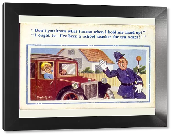 Comic postcard, Woman driver and policeman Date: 20th century