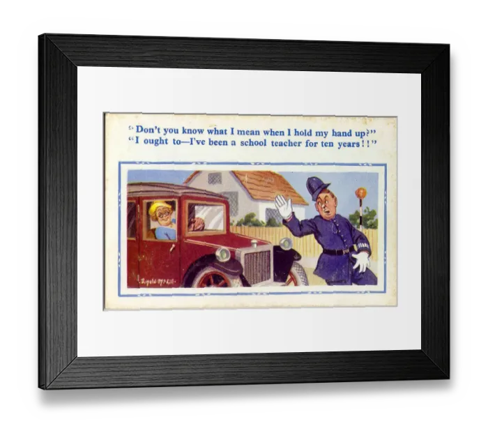 Framed Print : Comic postcard, Woman driver and policeman Date: 20th century Framed Print : Comic postcard, Woman driver and policeman Date: 20th century
