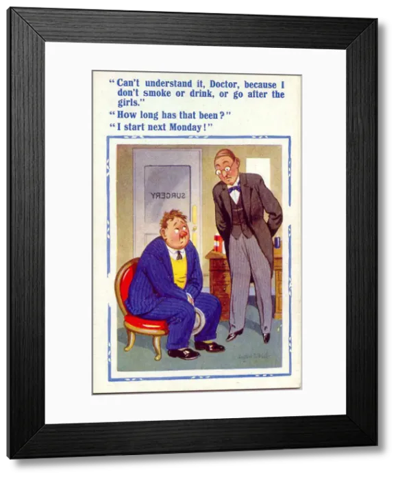 Framed Print : Comic postcard, Doctor and patient Date: 20th century Framed Print : Comic postcard, Doctor and patient Date: 20th century