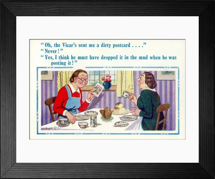 Framed Print : Comic postcard, Two women having breakfast - postcard from the vicar Date Framed Print : Comic postcard, Two women having breakfast - postcard from the vicar Date
