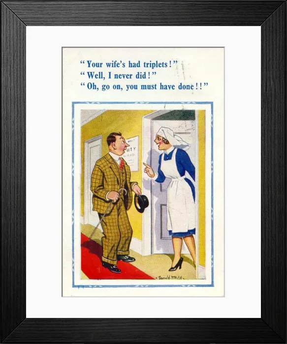 Framed Print : Comic postcard, New father with maternity nurse