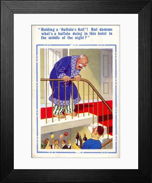Framed Print : Comic postcard, Man disturbed by late night party in hotel Date: 20th century Framed Print : Comic postcard, Man disturbed by late night party in hotel Date: 20th century