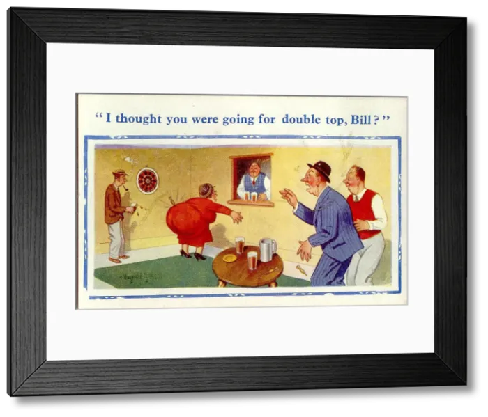 Framed Print : Comic postcard, Darts match in pub - double top Date: 20th century Framed Print : Comic postcard, Darts match in pub - double top Date: 20th century