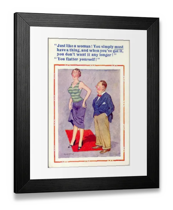 Framed Print : Comic postcard, Tall woman and short man Date: 20th century Framed Print : Comic postcard, Tall woman and short man Date: 20th century