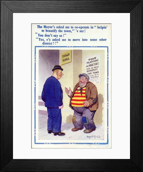 Framed Print : Comic postcard, Man to help with town planning Date: 20th century Framed Print : Comic postcard, Man to help with town planning Date: 20th century