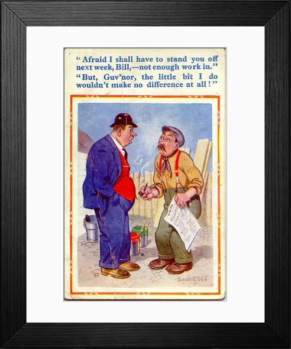 Framed Print : Comic postcard, Boss and workman Date: 20th century Framed Print : Comic postcard, Boss and workman Date: 20th century