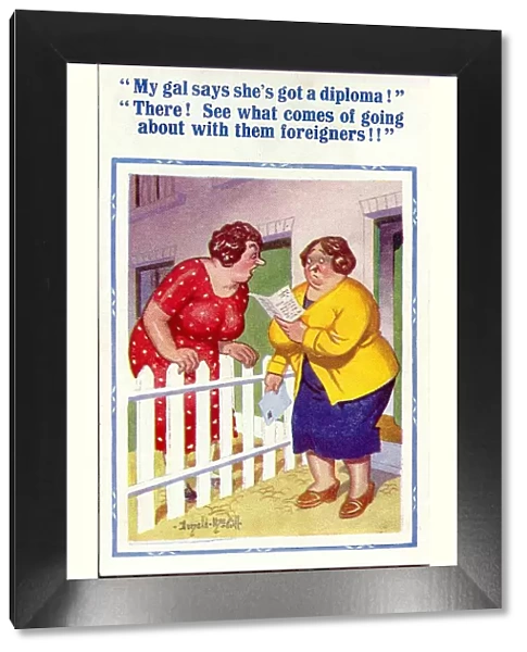 Comic postcard, Neighbours chat over garden fence Date: 20th century
