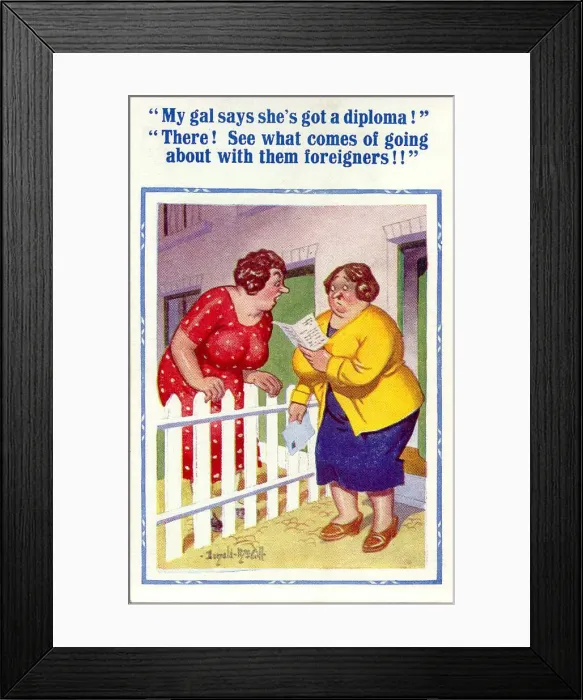 Framed Print : Comic postcard, Neighbours chat over garden fence Date: 20th century Framed Print : Comic postcard, Neighbours chat over garden fence Date: 20th century