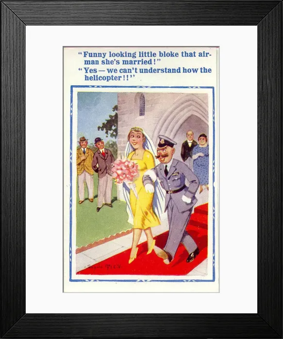 Framed Print : Comic postcard, Bride and groom leaving church Date: 20th century Framed Print : Comic postcard, Bride and groom leaving church Date: 20th century