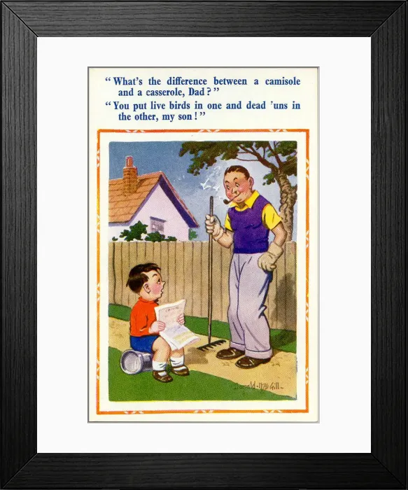 Framed Print : Comic postcard, Father and son in the garden Date: 20th century Framed Print : Comic postcard, Father and son in the garden Date: 20th century