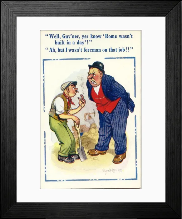 Framed Print : Comic postcard, Foreman and workman Date: 20th century Framed Print : Comic postcard, Foreman and workman Date: 20th century