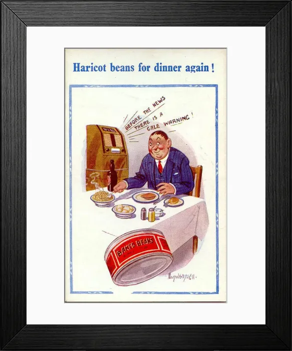 Framed Print : Comic postcard, Baked beans for dinner again Date: circa 1940s Framed Print : Comic postcard, Baked beans for dinner again Date: circa 1940s