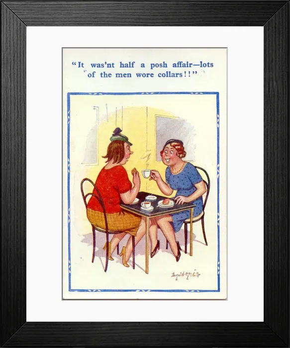 Framed Print : Comic postcard, Two women in a cafe Date: 20th century Framed Print : Comic postcard, Two women in a cafe Date: 20th century